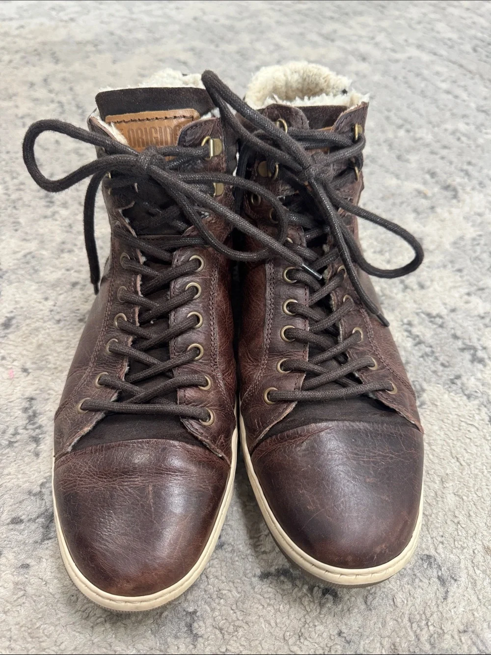 Men's Brown Leather High-Top Sneakers with Sherpa Collar
